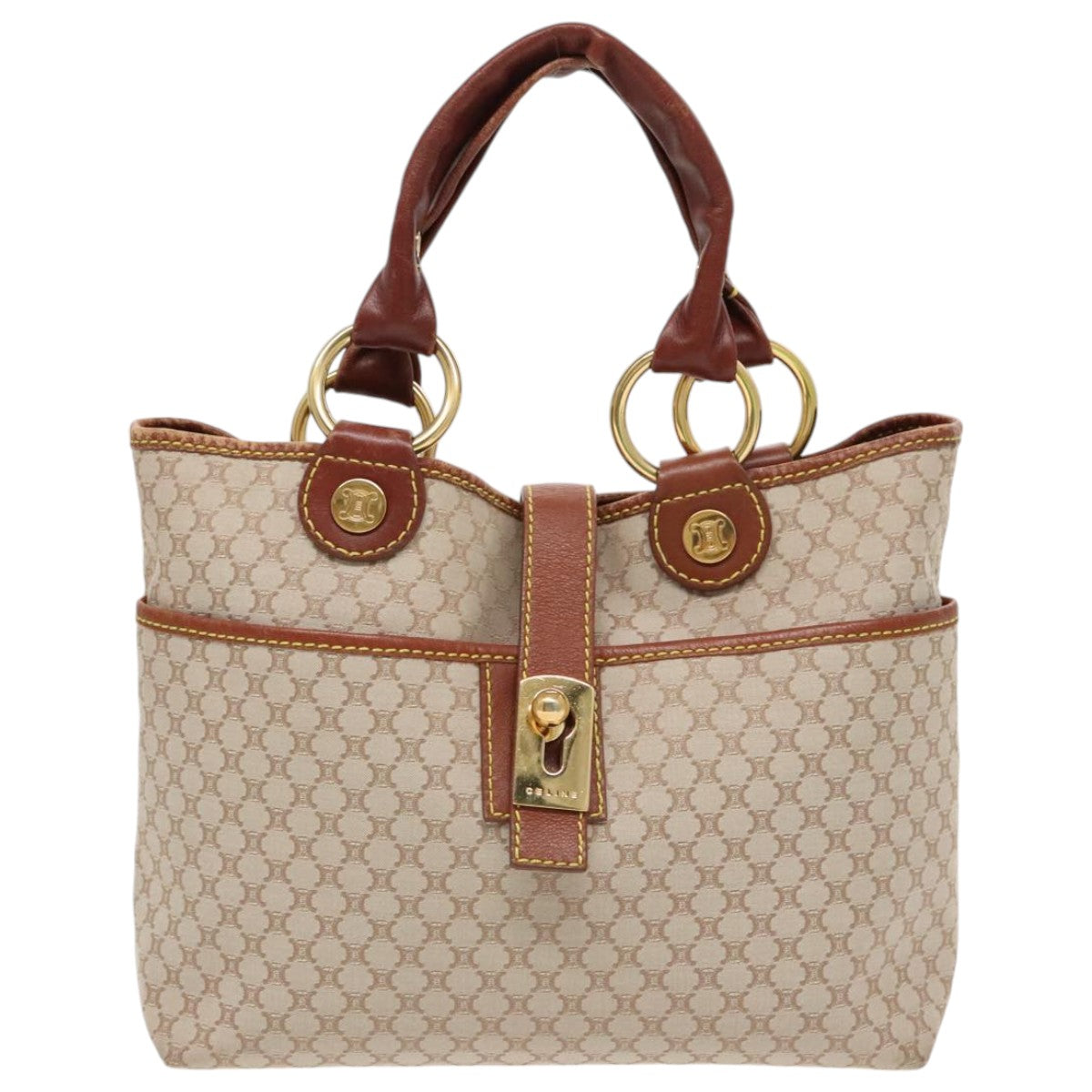 CELINE Macadam Canvas Hand Bag Beige Gold Auth 96230