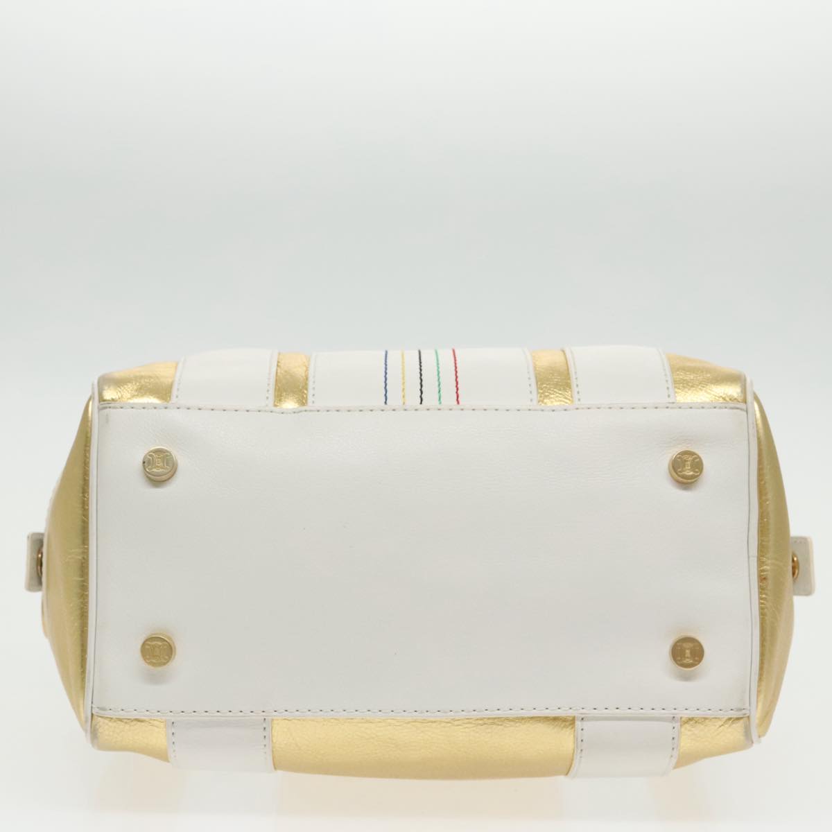 CELINE Boston Bag Leather White Gold Auth 96232A