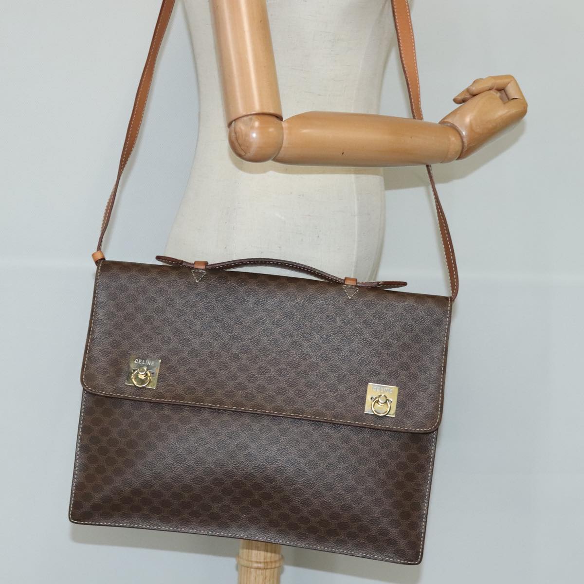 CELINE Macadam Canvas Business Bag PVC Leather 2way Brown Gold Auth 96233