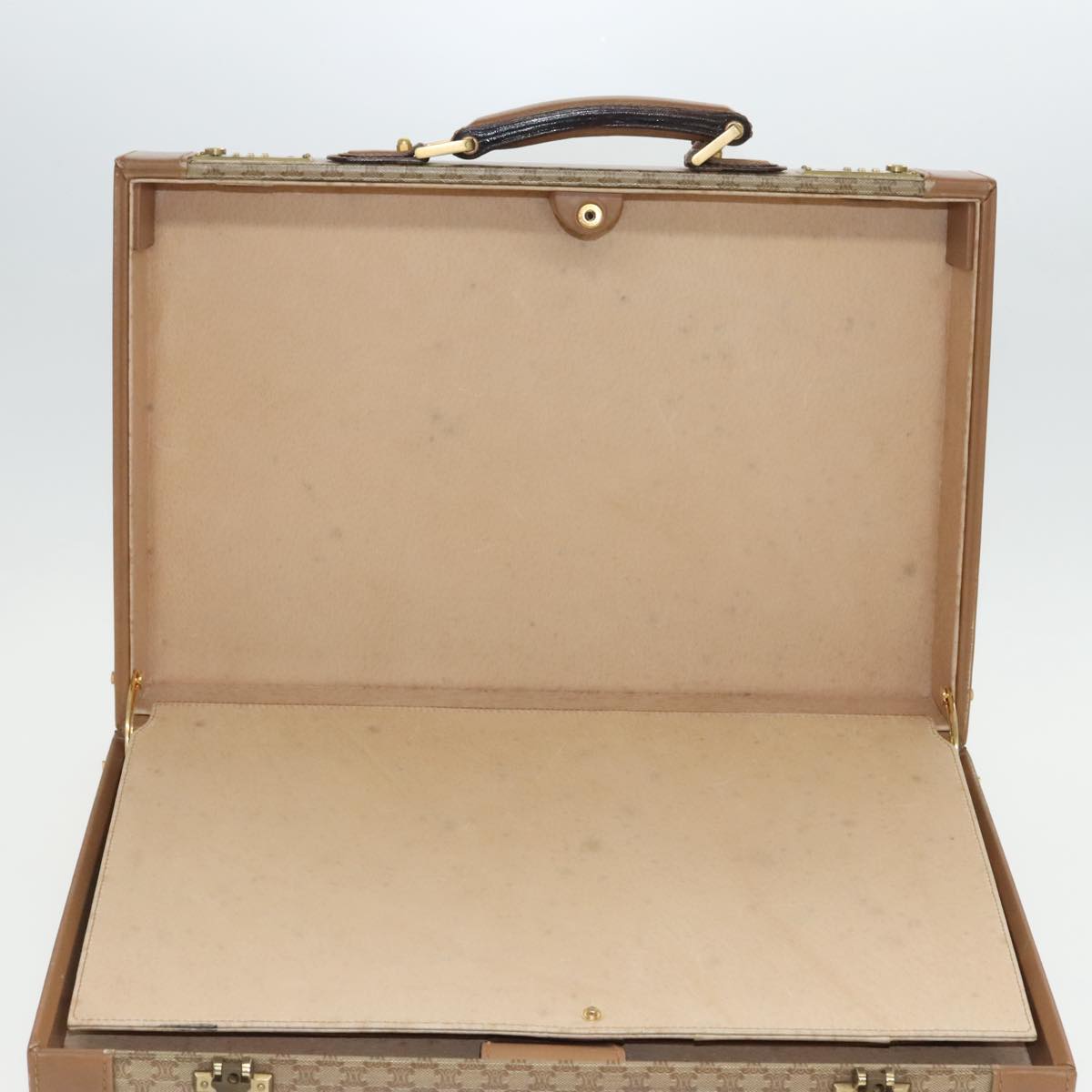 CELINE Attache Case Macadam Canvas Trunk Beige Gold Auth 96234