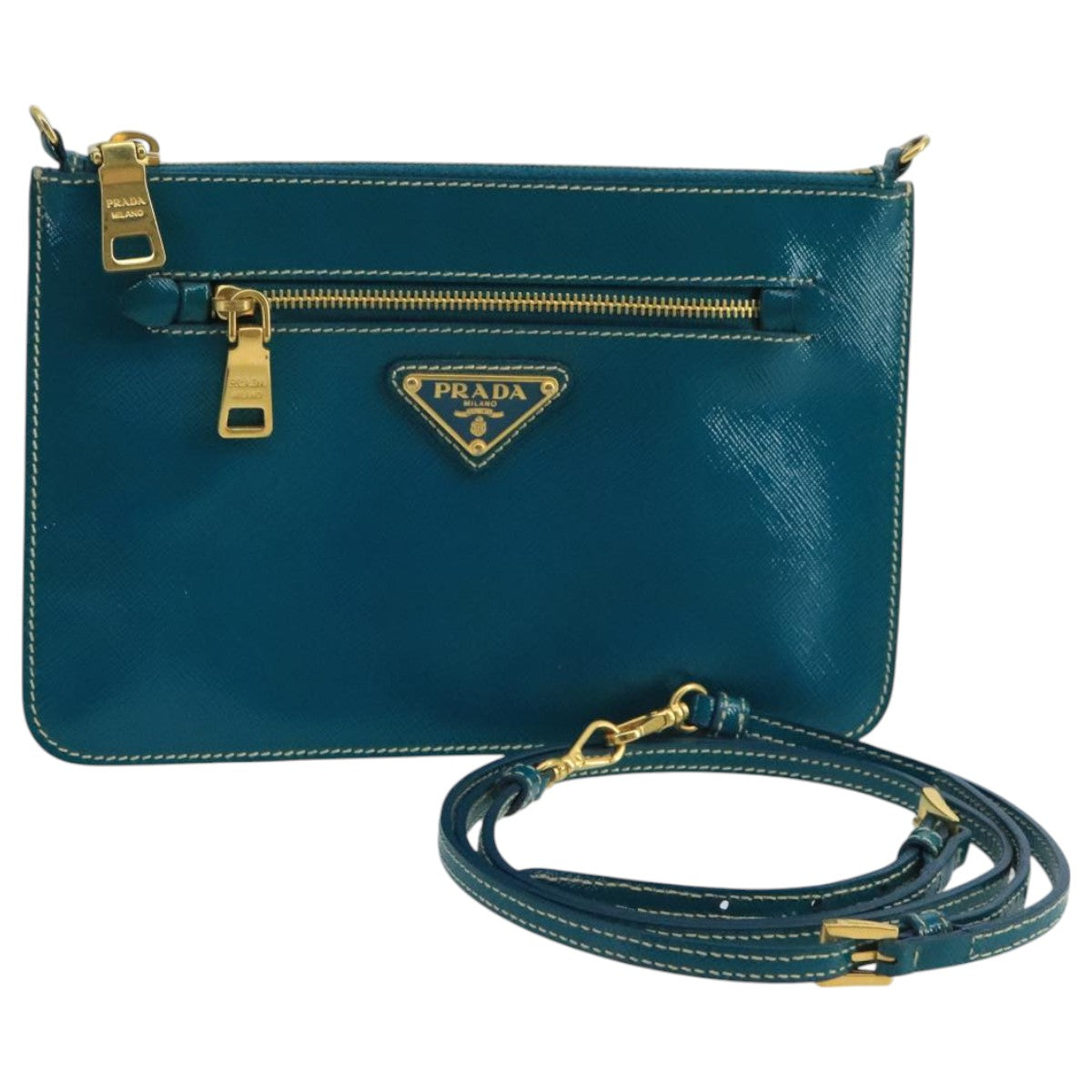 PRADA Shoulder Bag Safiano leather Turquoise Blue Gold Auth 96244