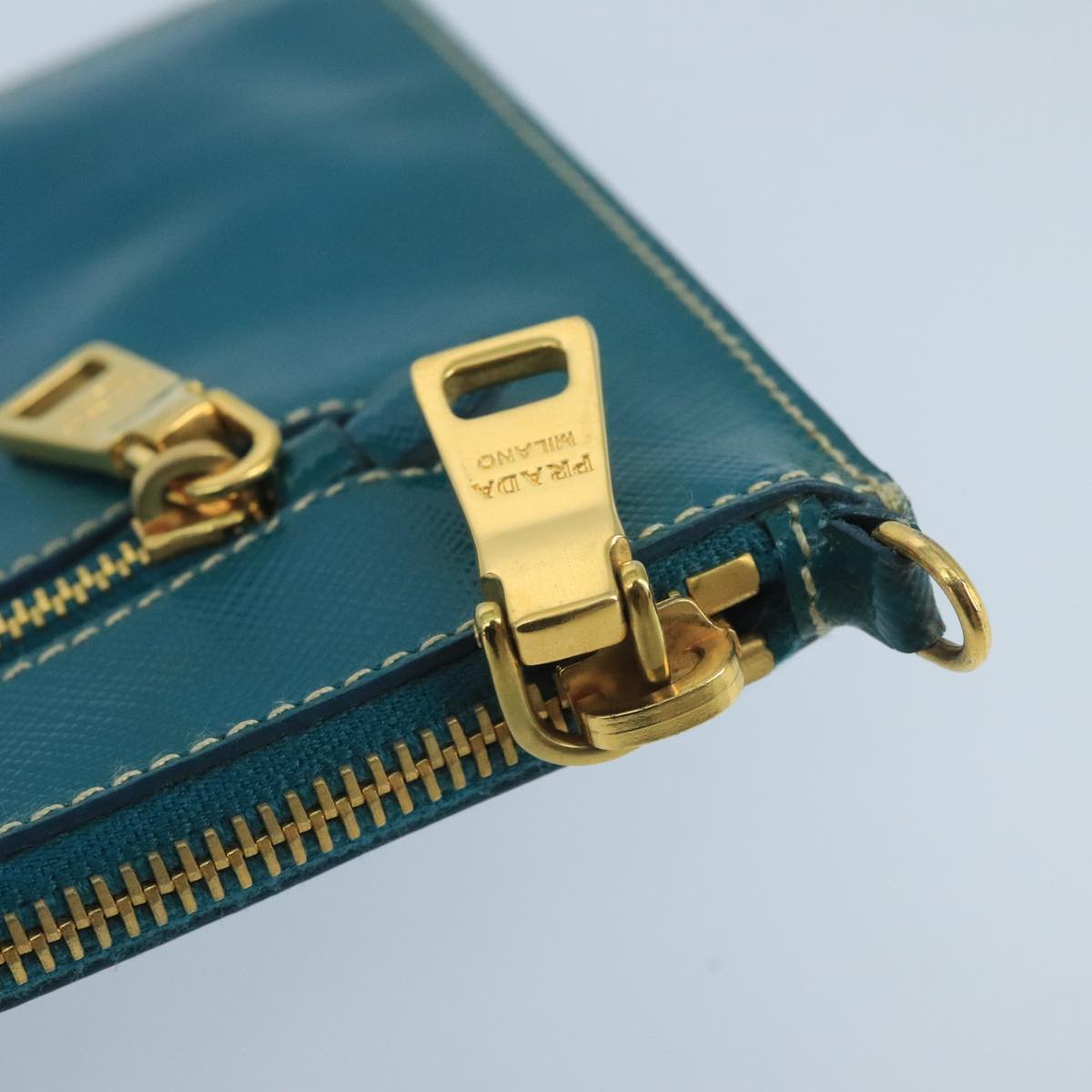 PRADA Shoulder Bag Safiano leather Turquoise Blue Gold Auth 96244