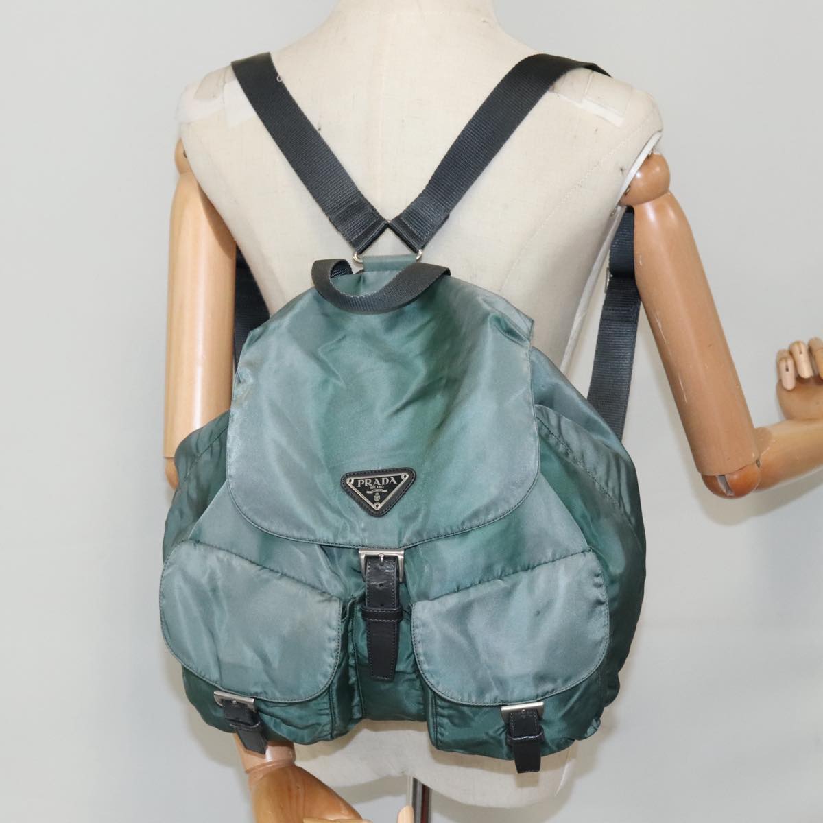 PRADA Backpack Nylon Green Silver Auth 96346