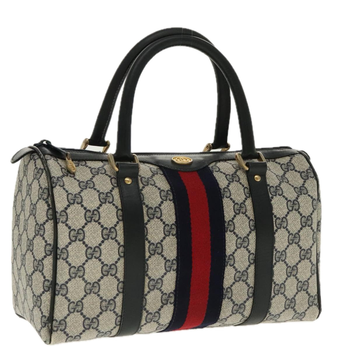 GUCCI GG Supreme Sherry Line Boston Bag PVC Navy Red gold Auth 96364