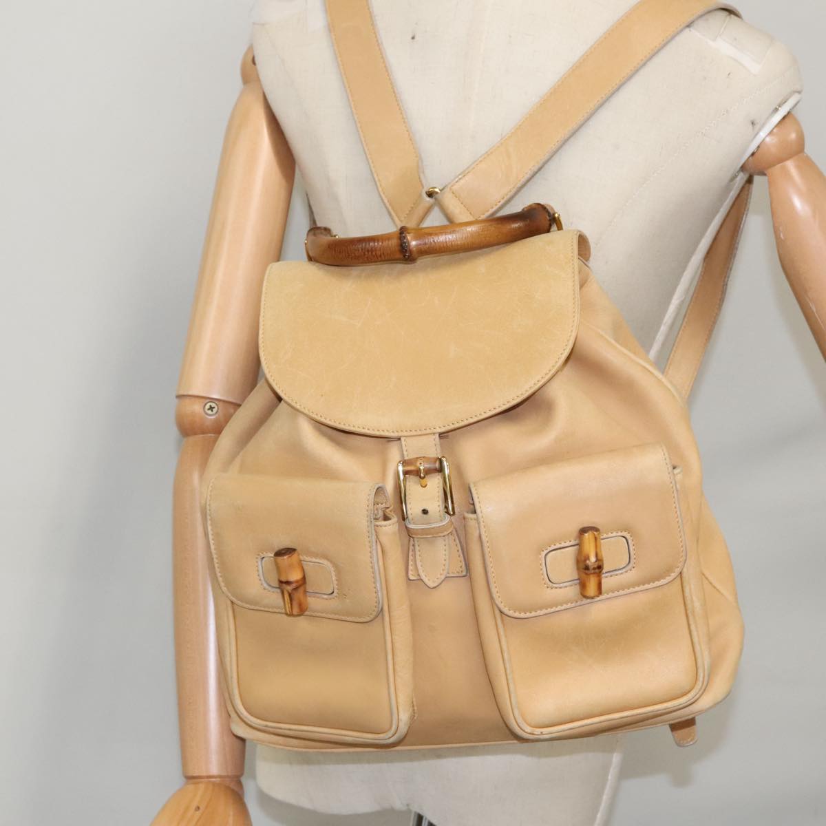 GUCCI Bamboo Backpack Leather Beige Gold 003 58 0016 Auth 96401