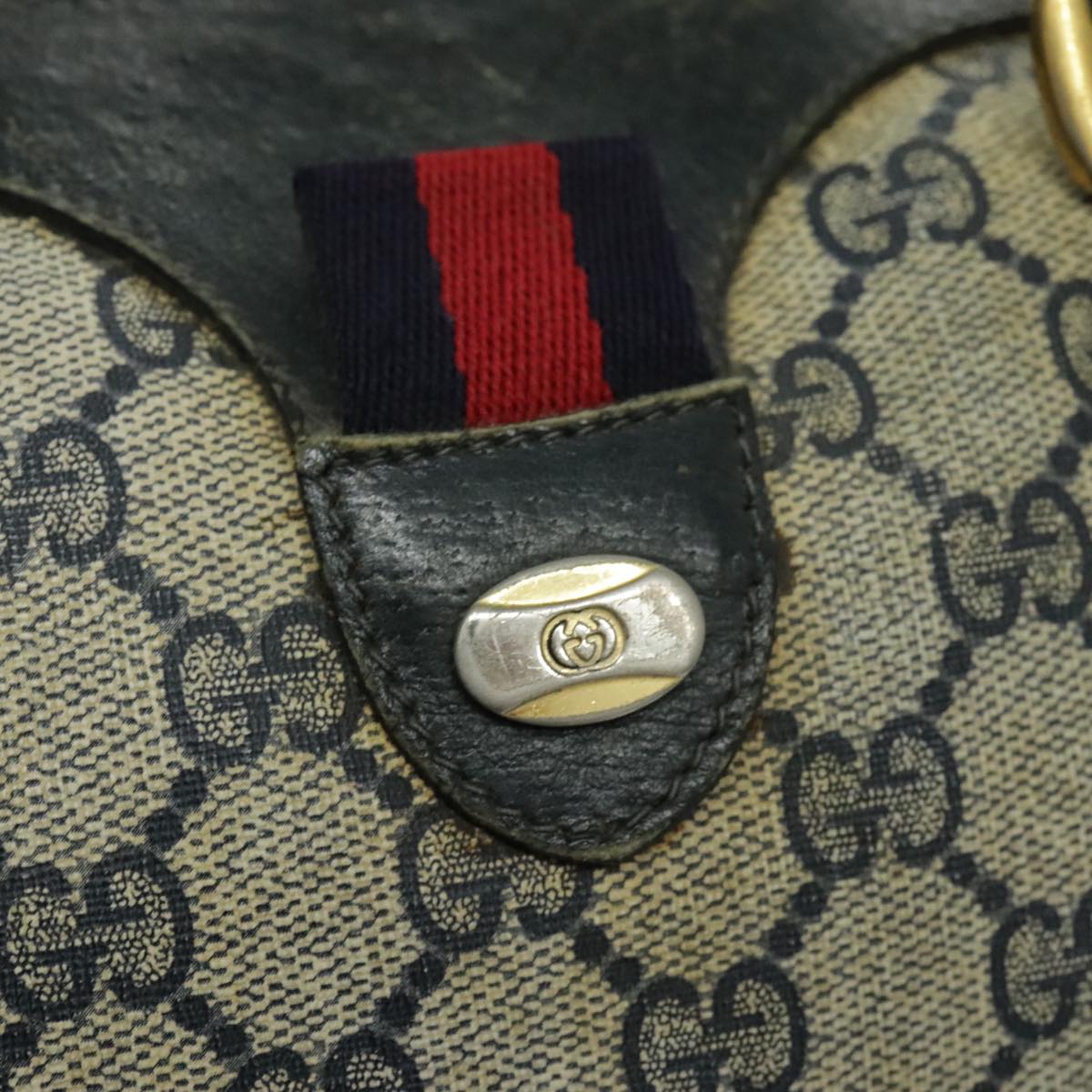 GUCCI GG Supreme Sherry Line Boston Bag PVC Navy Red gold 39 02 006 Auth 96447