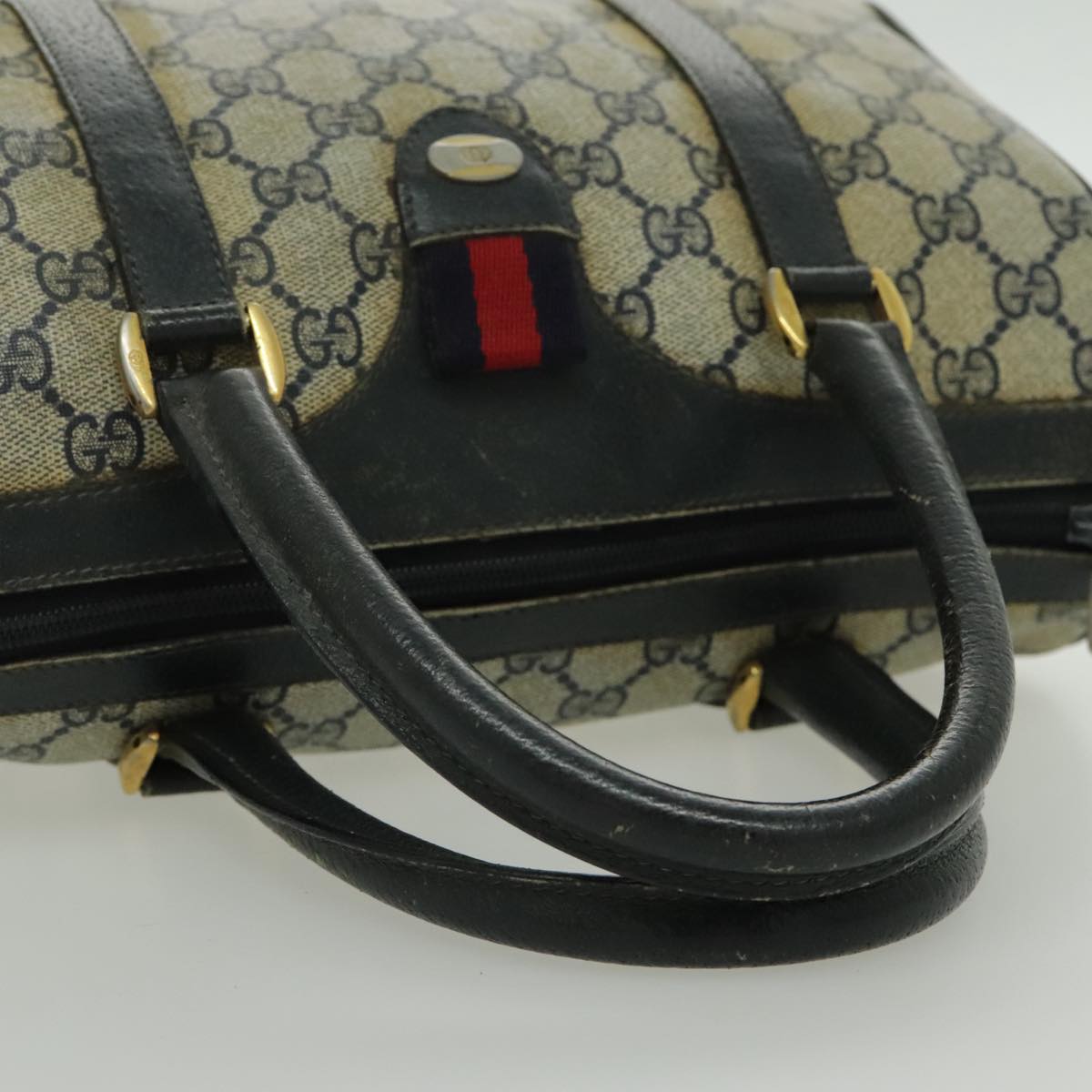 GUCCI GG Supreme Sherry Line Boston Bag PVC Navy Red gold 39 02 006 Auth 96447