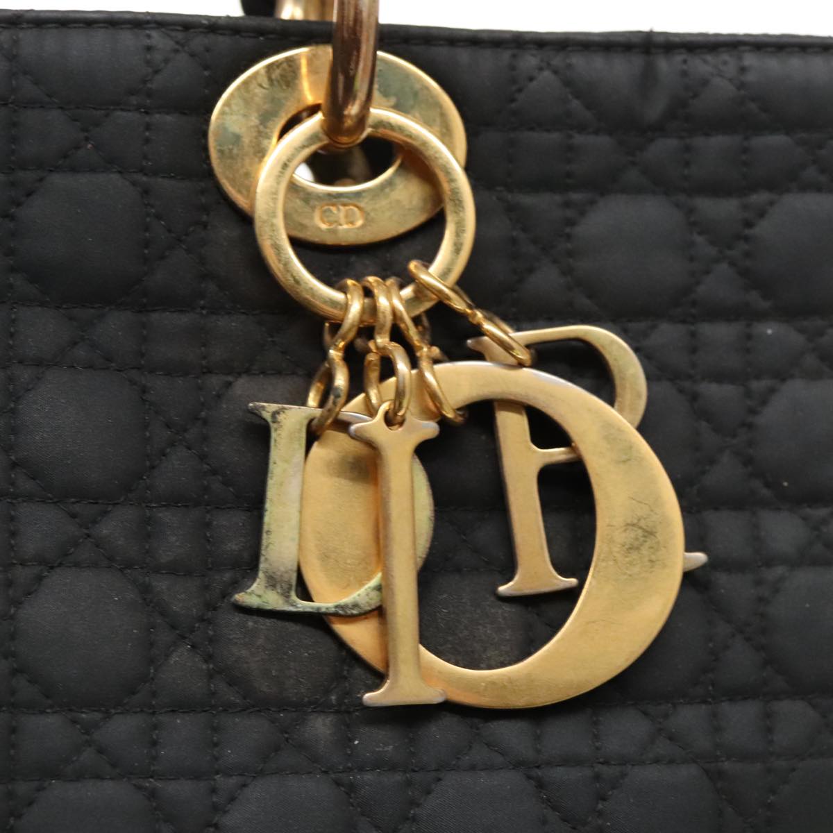 Christian Dior Lady Dior Canage Hand Bag Nylon Black Gold Auth 96477