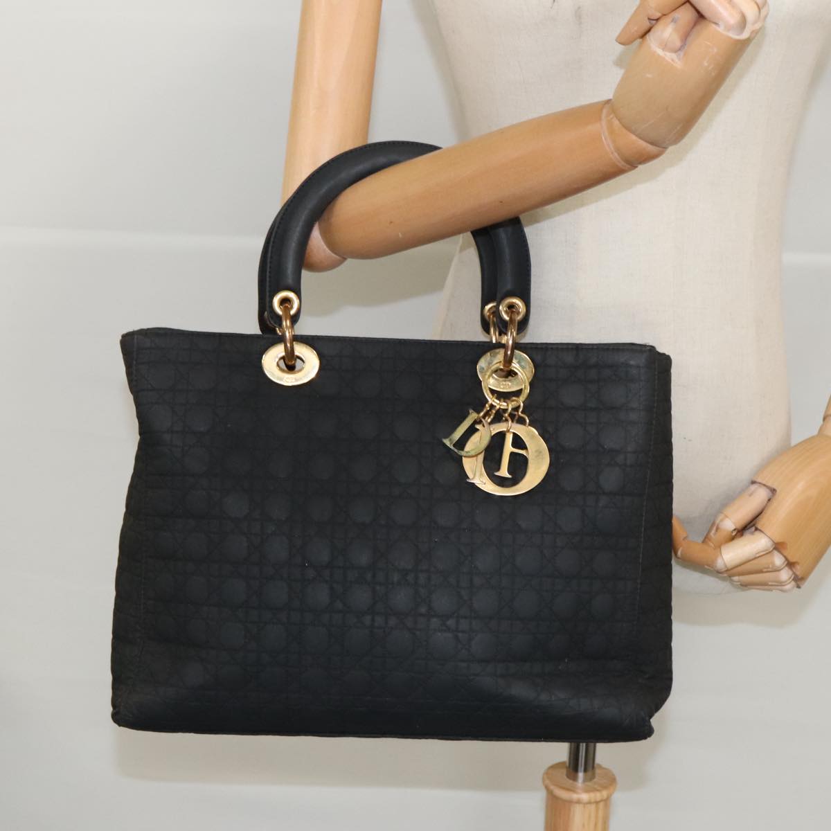 Christian Dior Lady Dior Canage Hand Bag Nylon Black Gold Auth 96477