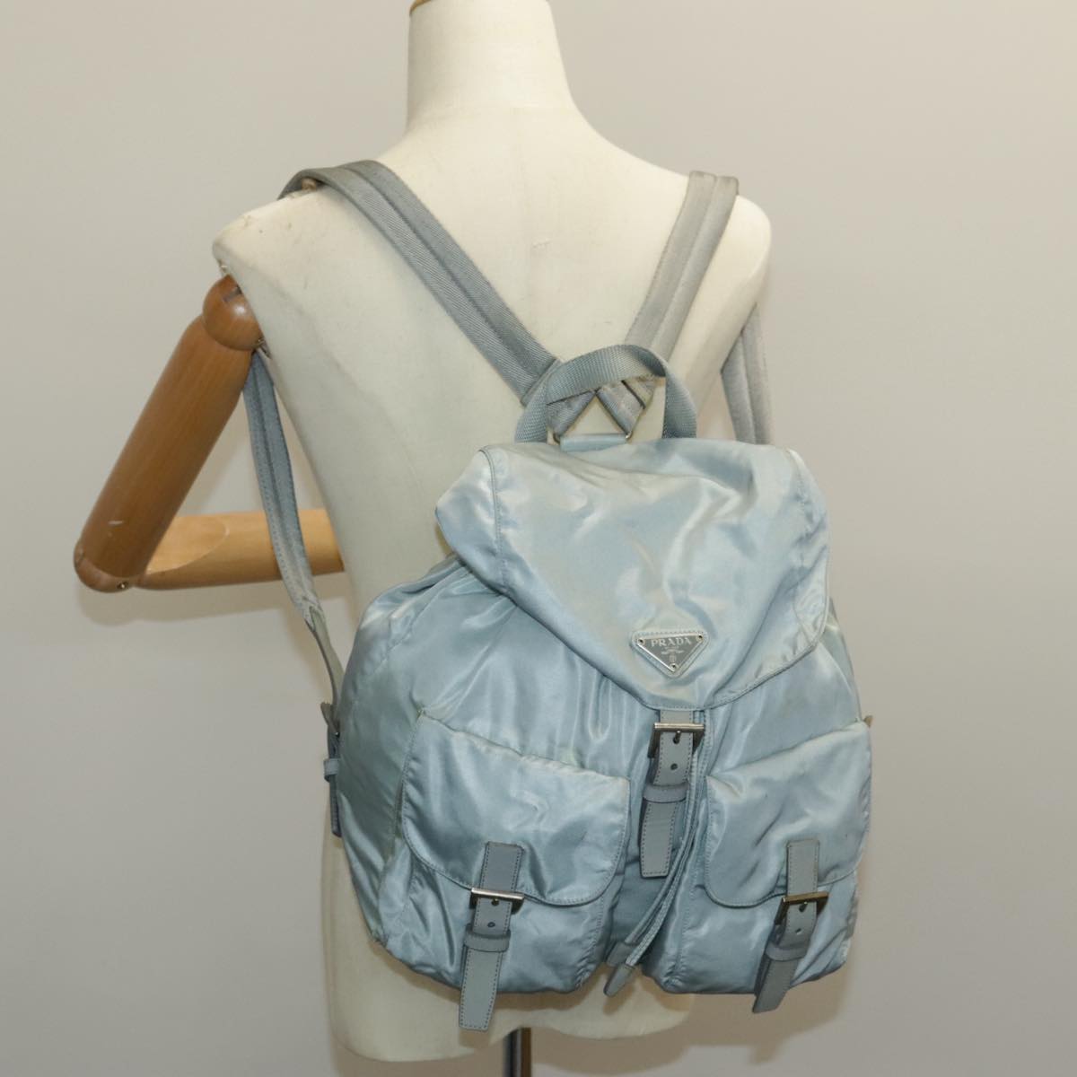 PRADA Backpack Nylon Light Blue Silver Auth 96485