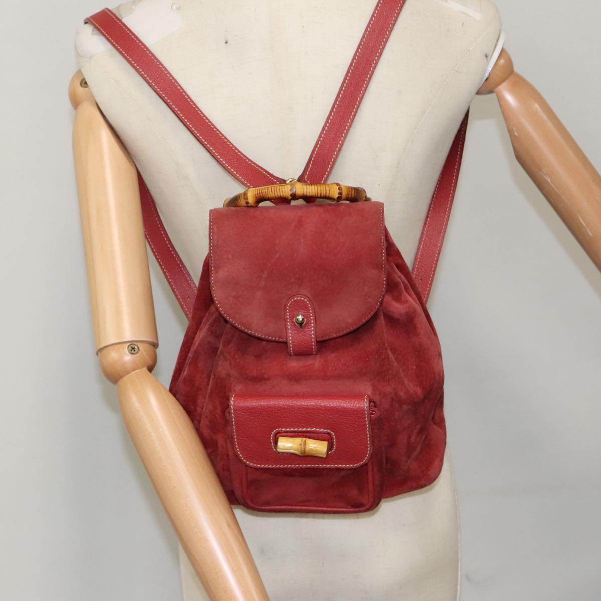 GUCCI Bamboo Backpack Suede Red Gold 003 2265 0030 Auth 96486