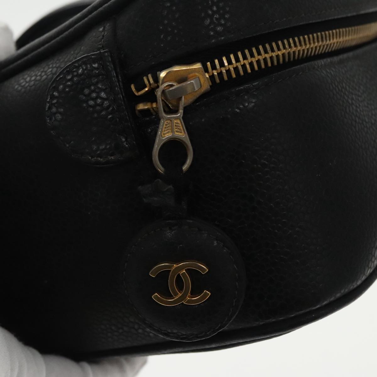 CHANEL Vanity COCO Mark Pouch Caviar Skin Black Gold CC Auth 96508