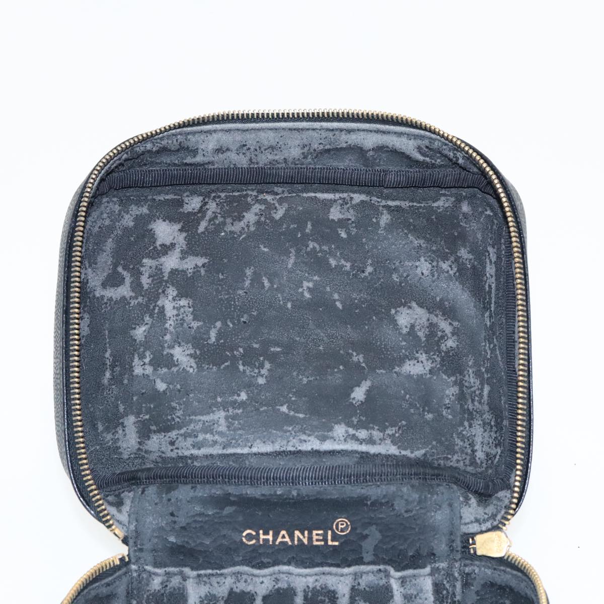 CHANEL Vanity COCO Mark Pouch Caviar Skin Black Gold CC Auth 96508