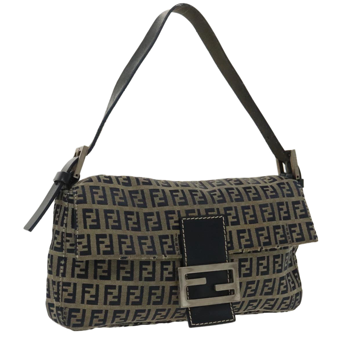 FENDI Zucchino Canvas Mamma Baguette Shoulder Bag Navy Silver Auth 96518