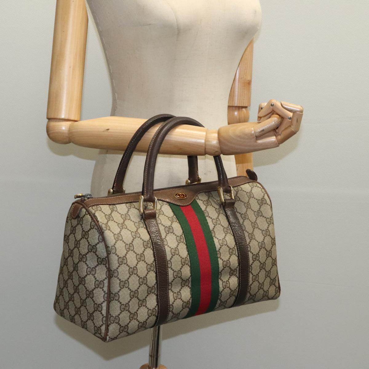 GUCCI GG Supreme Web Sherry Line Boston Bag PVC Beige Red 010 378 Auth 96612