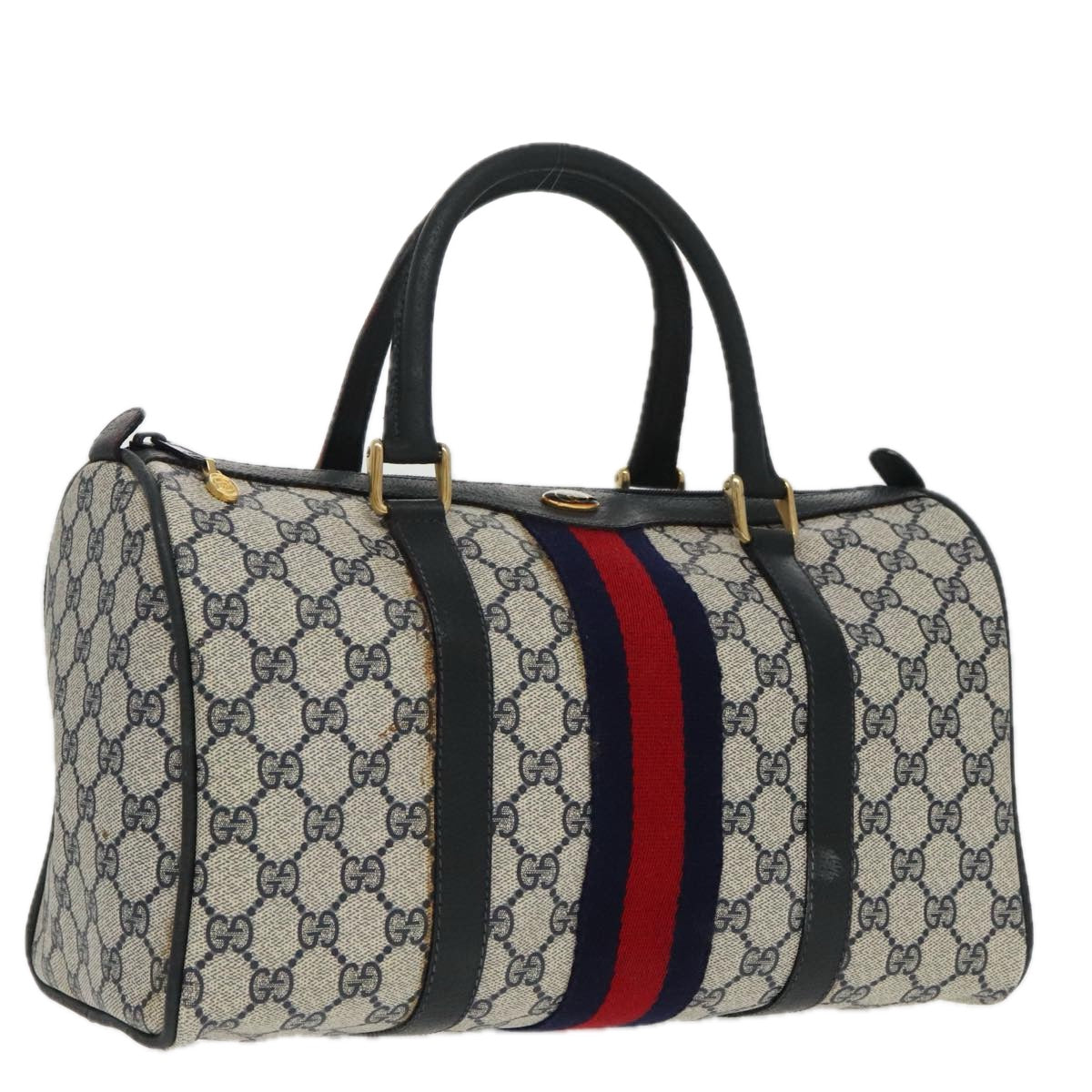 GUCCI GG Supreme Sherry Line Boston Bag PVC Gold Red Navy 012 3842 39 Auth 96613