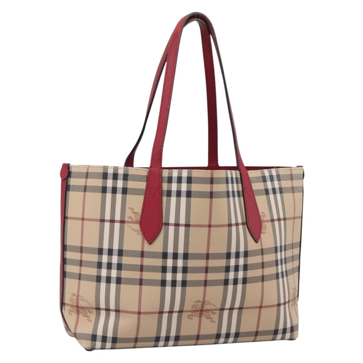 BURBERRY Nova Check Tote Bag Canvas Beige Red Auth 96629