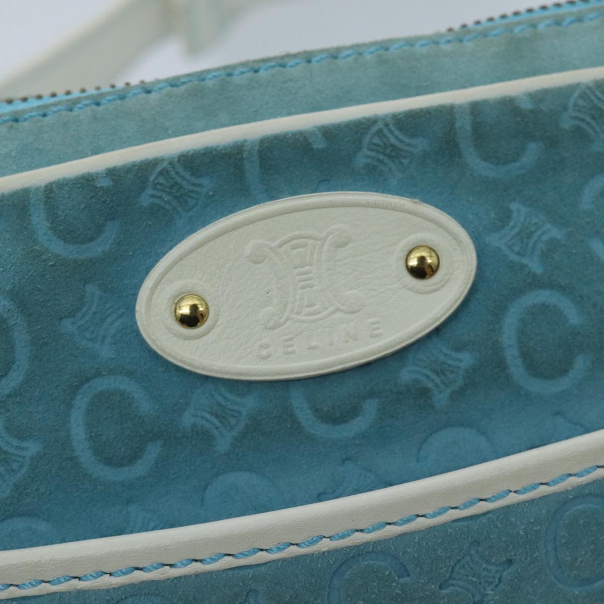 CELINE C Macadam Canvas Shoulder Bag Turquoise Blue Gold Auth 96640