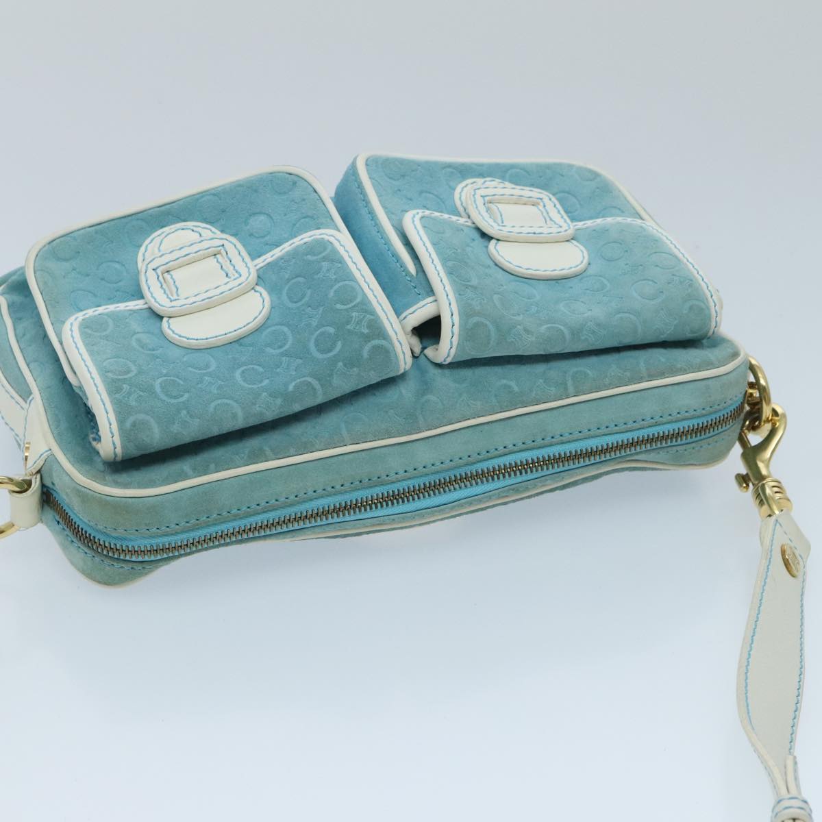 CELINE C Macadam Canvas Shoulder Bag Turquoise Blue Gold Auth 96640