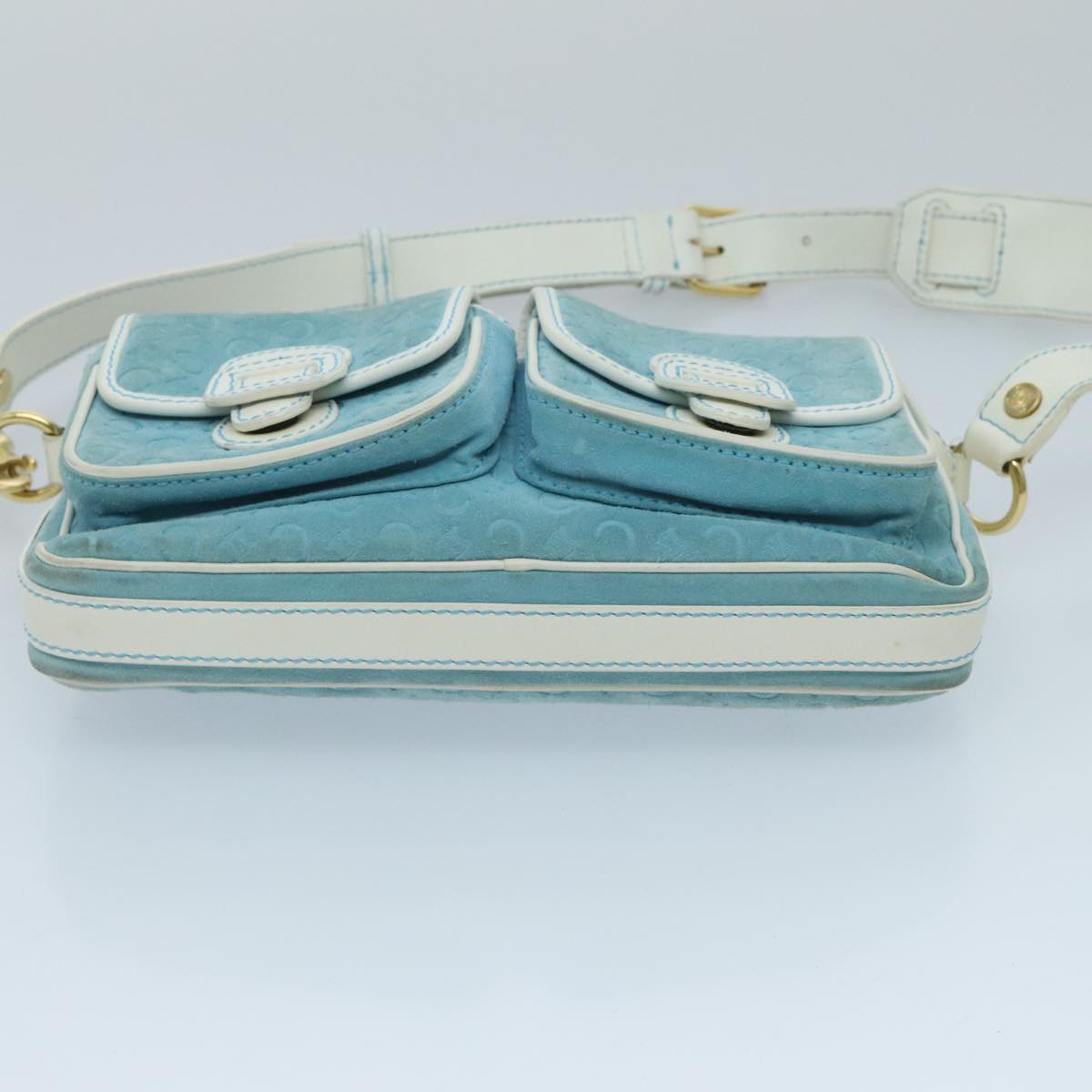 CELINE C Macadam Canvas Shoulder Bag Turquoise Blue Gold Auth 96640