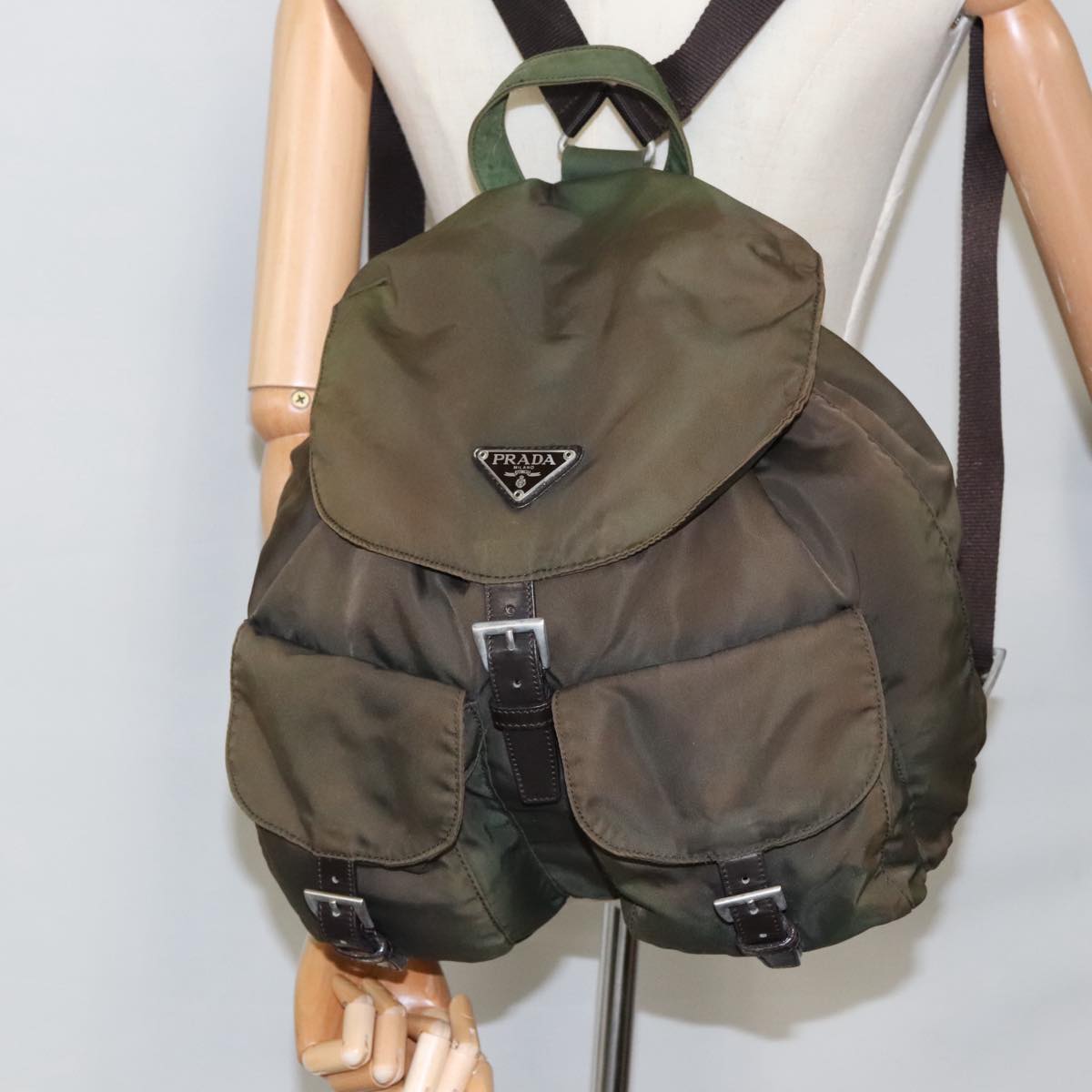 PRADA Backpack Nylon Khaki Silver Auth 96671