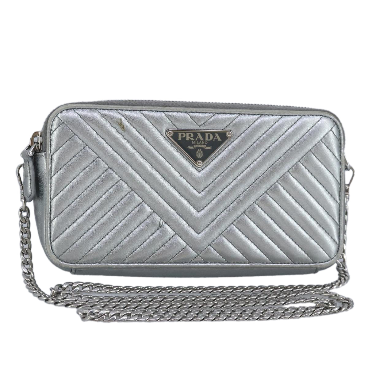 PRADA Chain Wallet Leather Silver Auth 96743