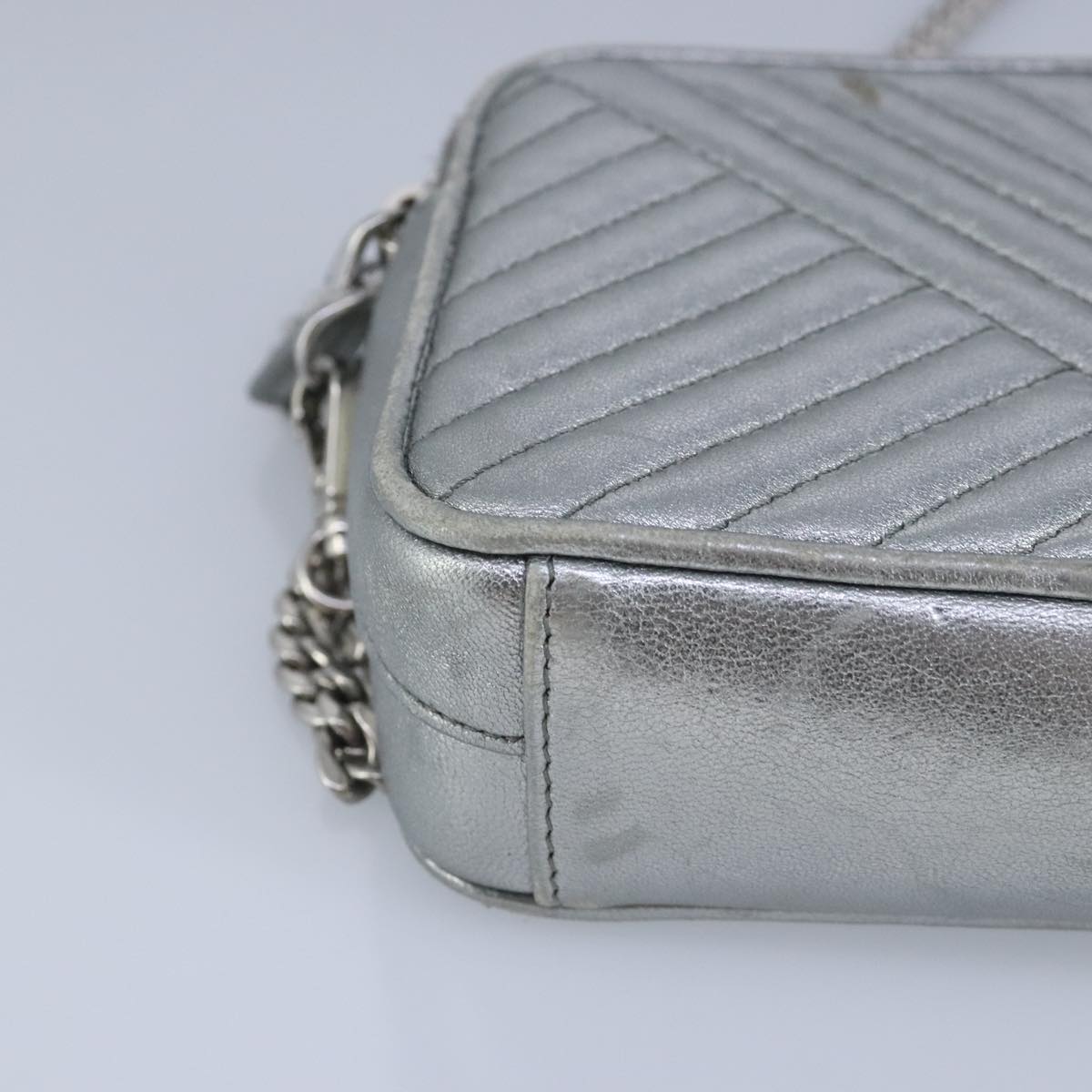 PRADA Chain Wallet Leather Silver Auth 96743