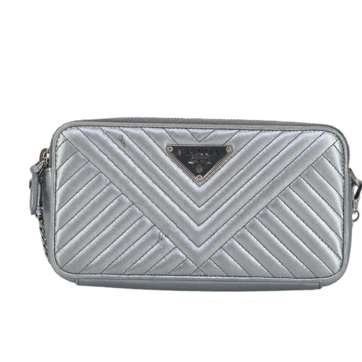 PRADA Chain Wallet Leather Silver Auth 96743