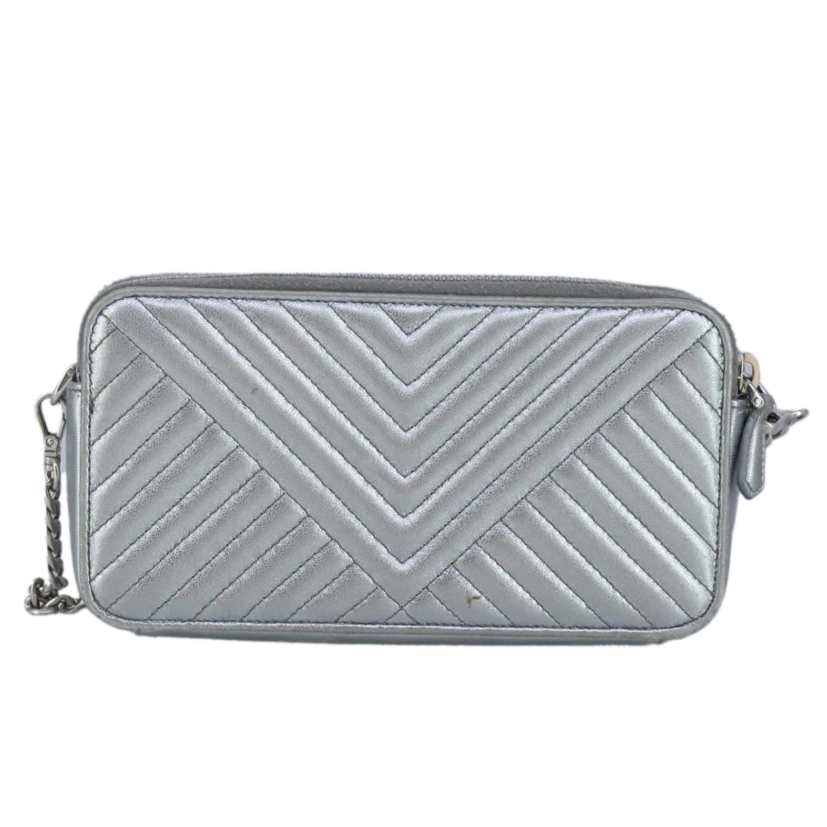 PRADA Chain Wallet Leather Silver Auth 96743