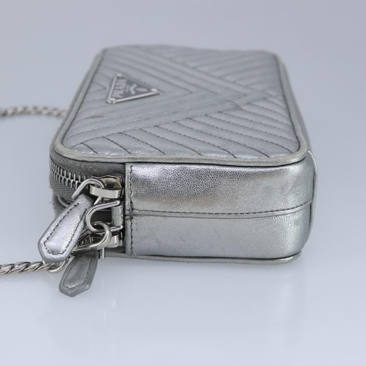 PRADA Chain Wallet Leather Silver Auth 96743