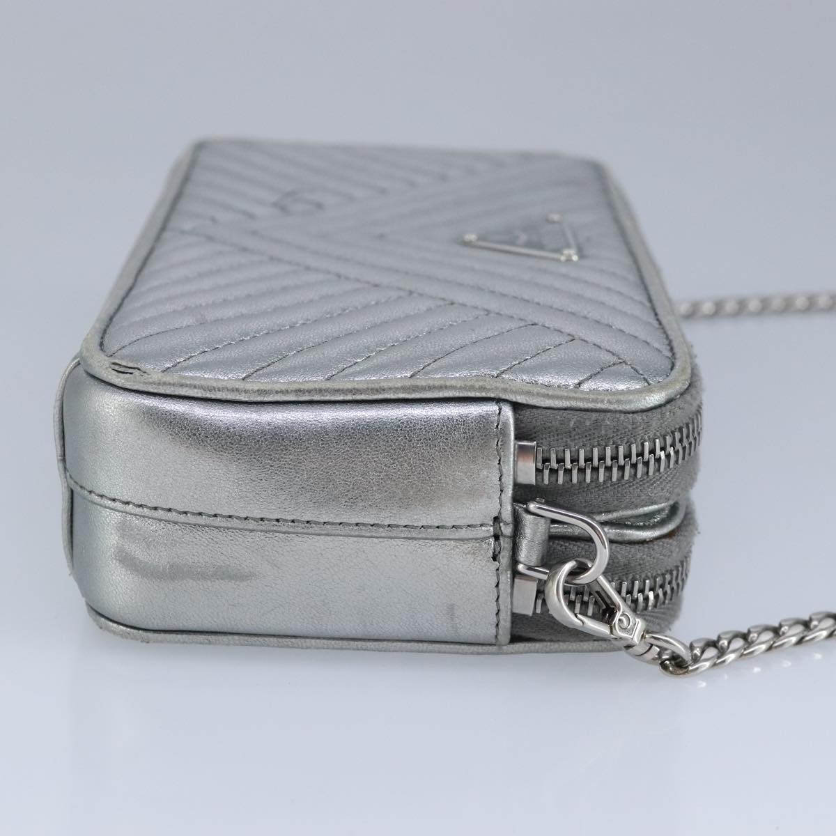 PRADA Chain Wallet Leather Silver Auth 96743