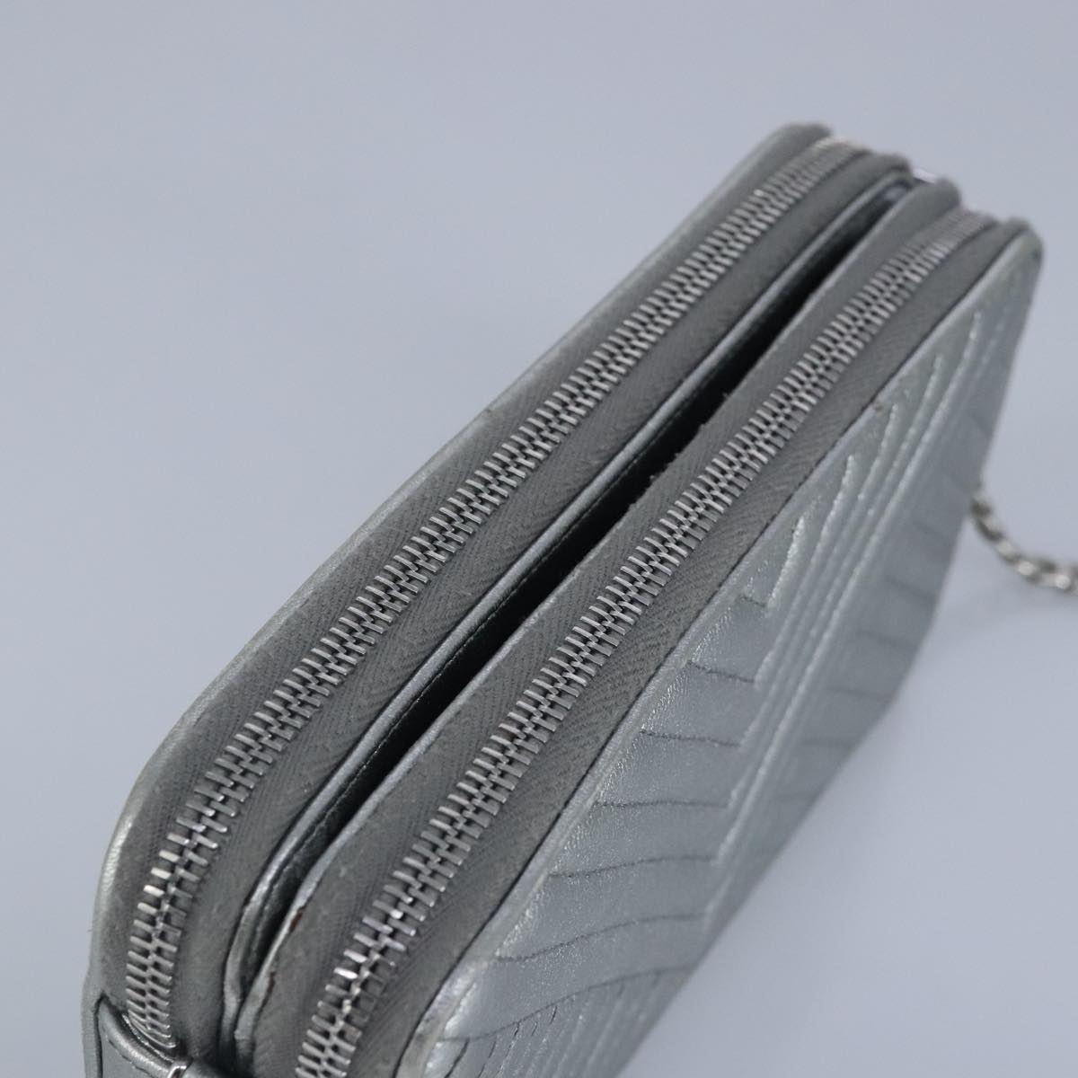 PRADA Chain Wallet Leather Silver Auth 96743