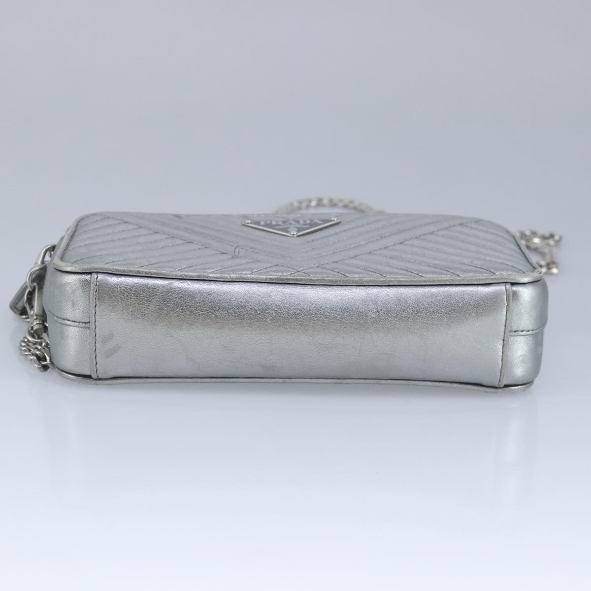 PRADA Chain Wallet Leather Silver Auth 96743