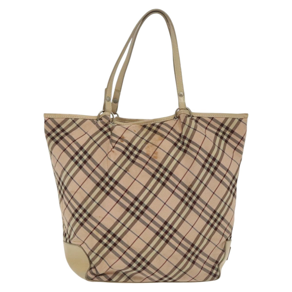 BURBERRY Nova Check Blue Label Tote Bag Nylon Beige Silver Auth 96792