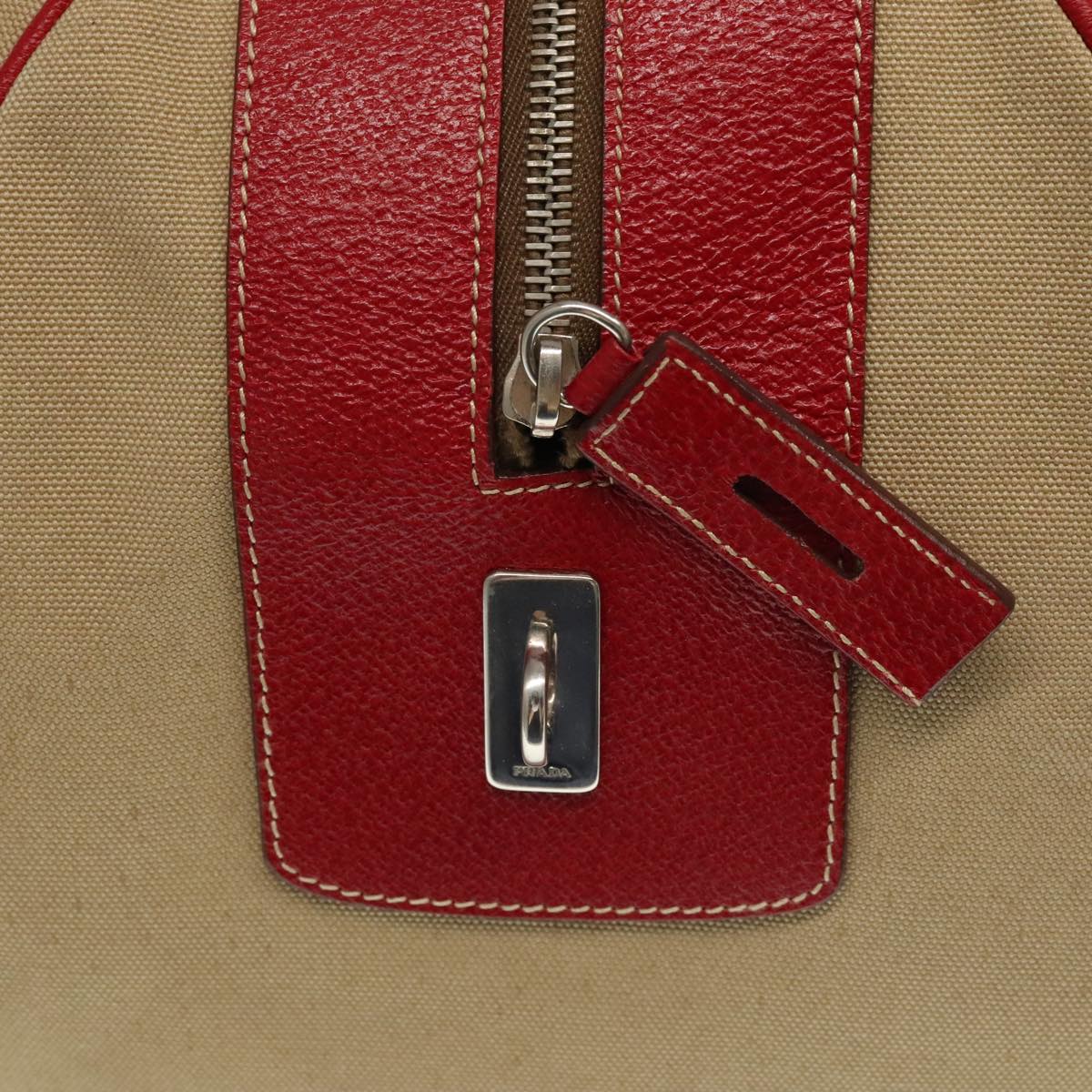 PRADA Boston Bag Canvas Beige Red Auth 96914