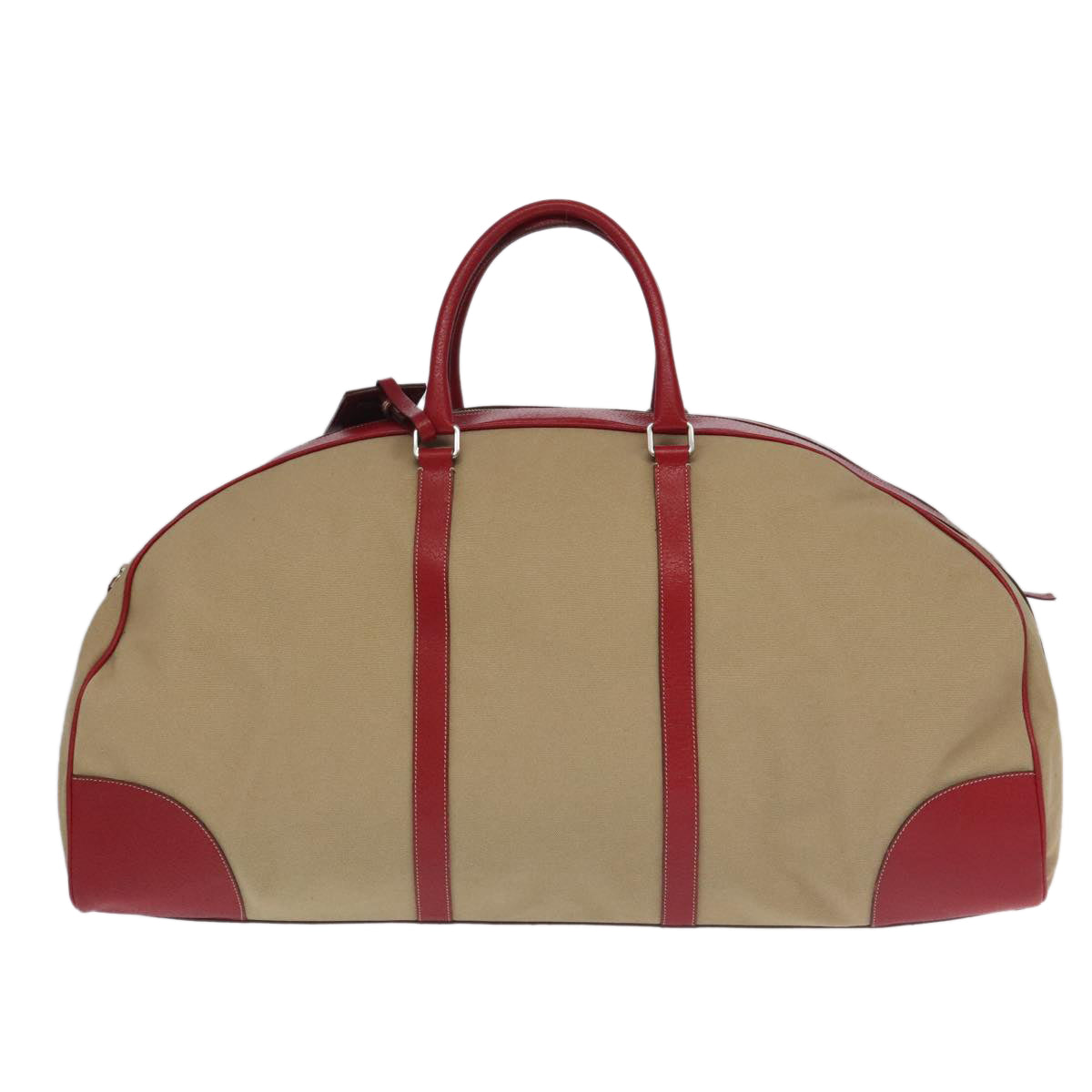 PRADA Boston Bag Canvas Beige Red Auth 96914