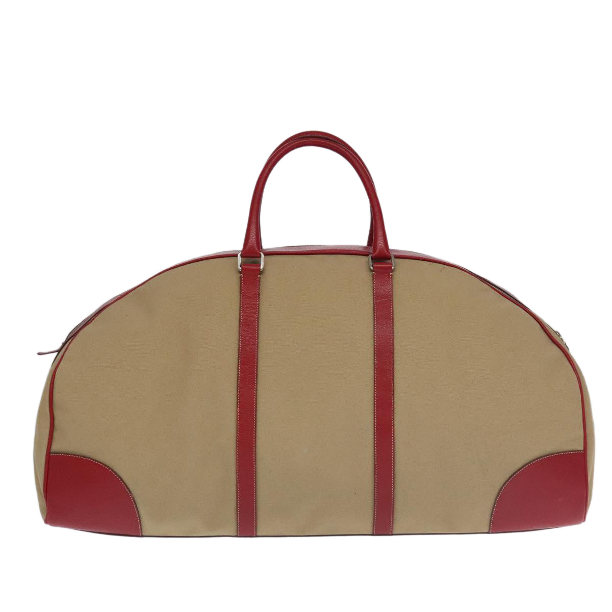 PRADA Boston Bag Canvas Beige Red Auth 96914