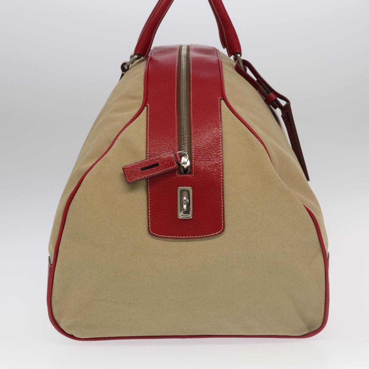 PRADA Boston Bag Canvas Beige Red Auth 96914