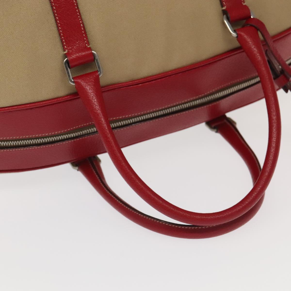 PRADA Boston Bag Canvas Beige Red Auth 96914