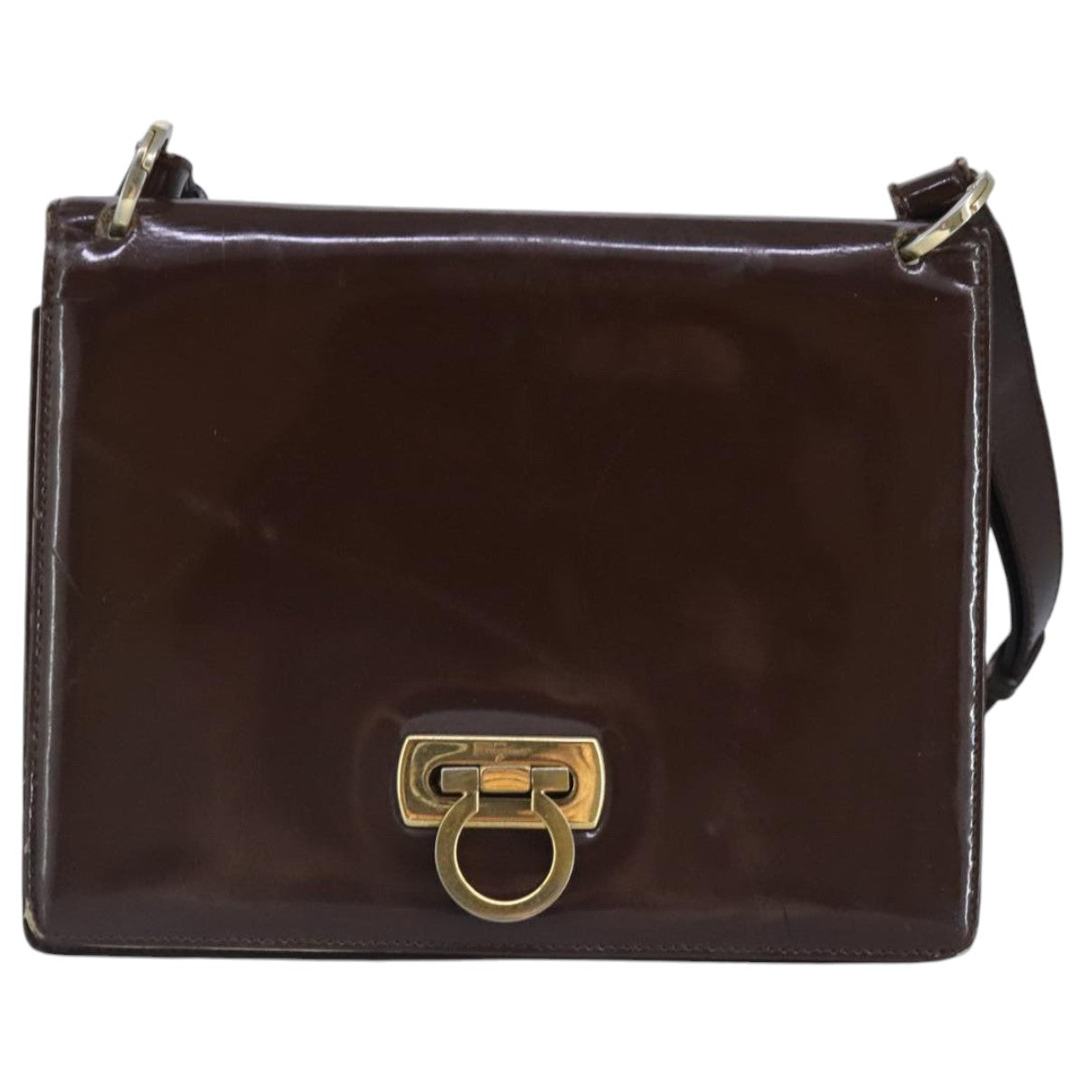 Salvatore Ferragamo Gancini Shoulder Bag Patent leather Brown Gold Auth 96961