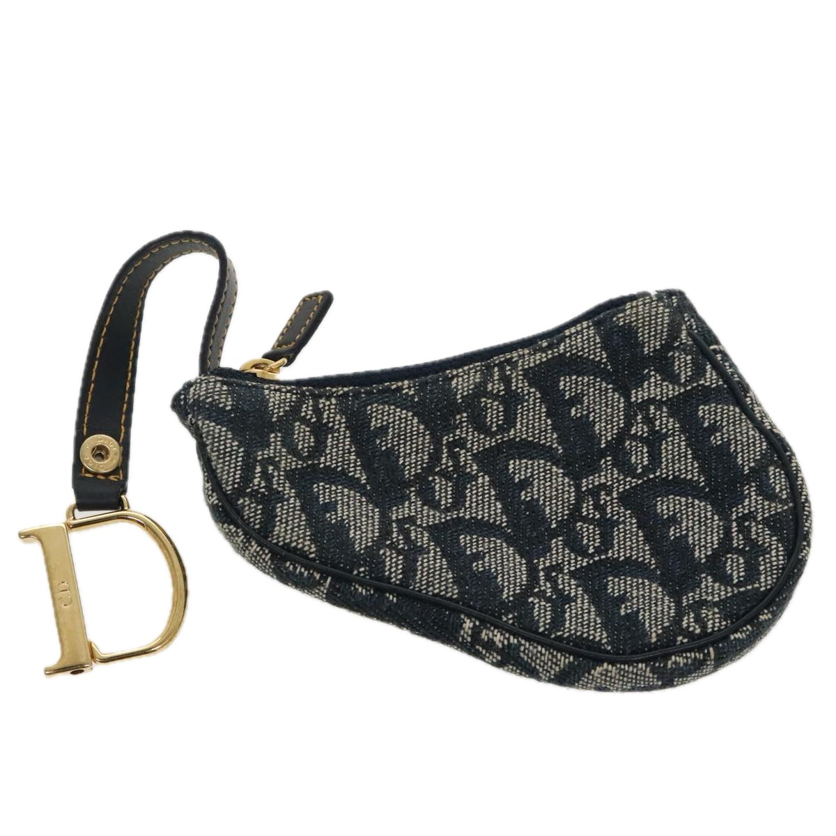 Christian Dior Trotter Canvas Saddle Pouch Navy Gold Auth 96994