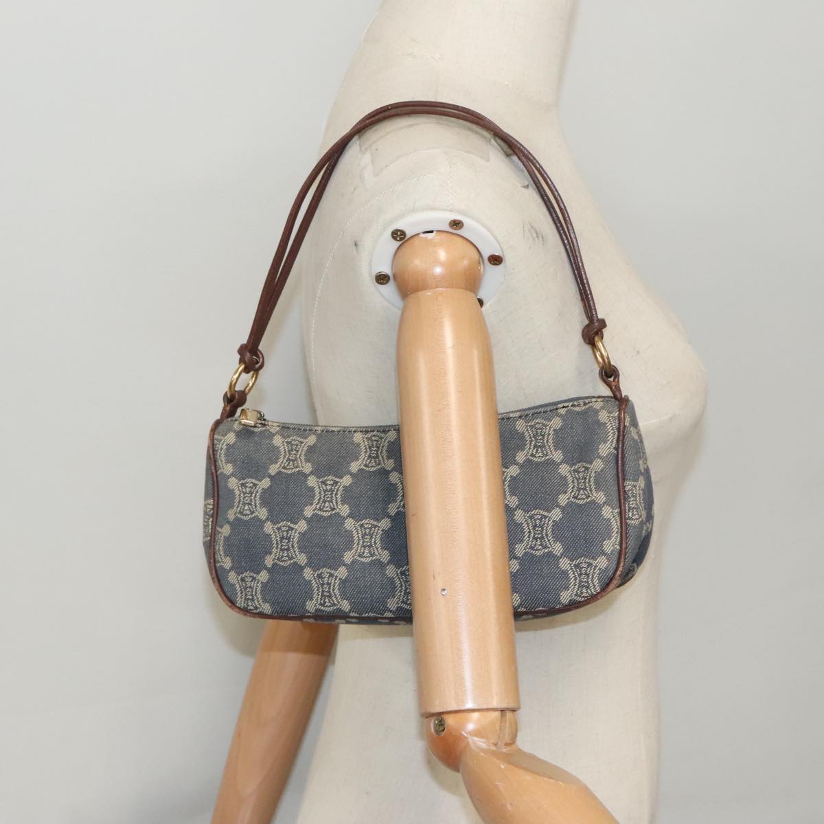 CELINE Macadam Canvas Hand Bag Blue Gold Auth 96995