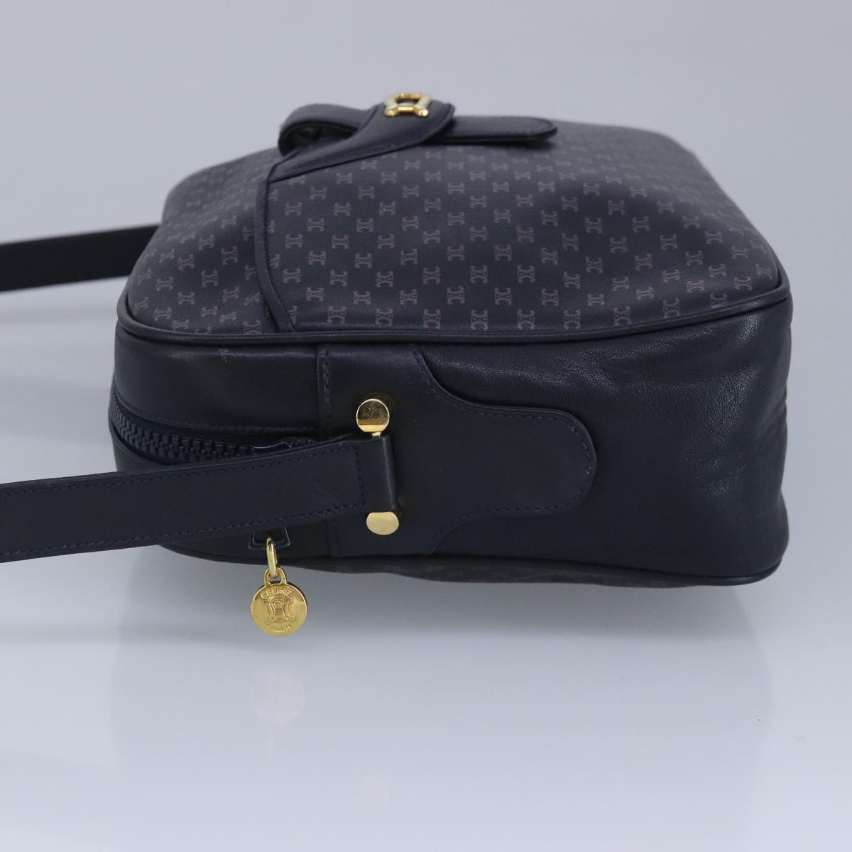 CELINE Macadam Canvas Shoulder Bag Navy Gold Auth 97007