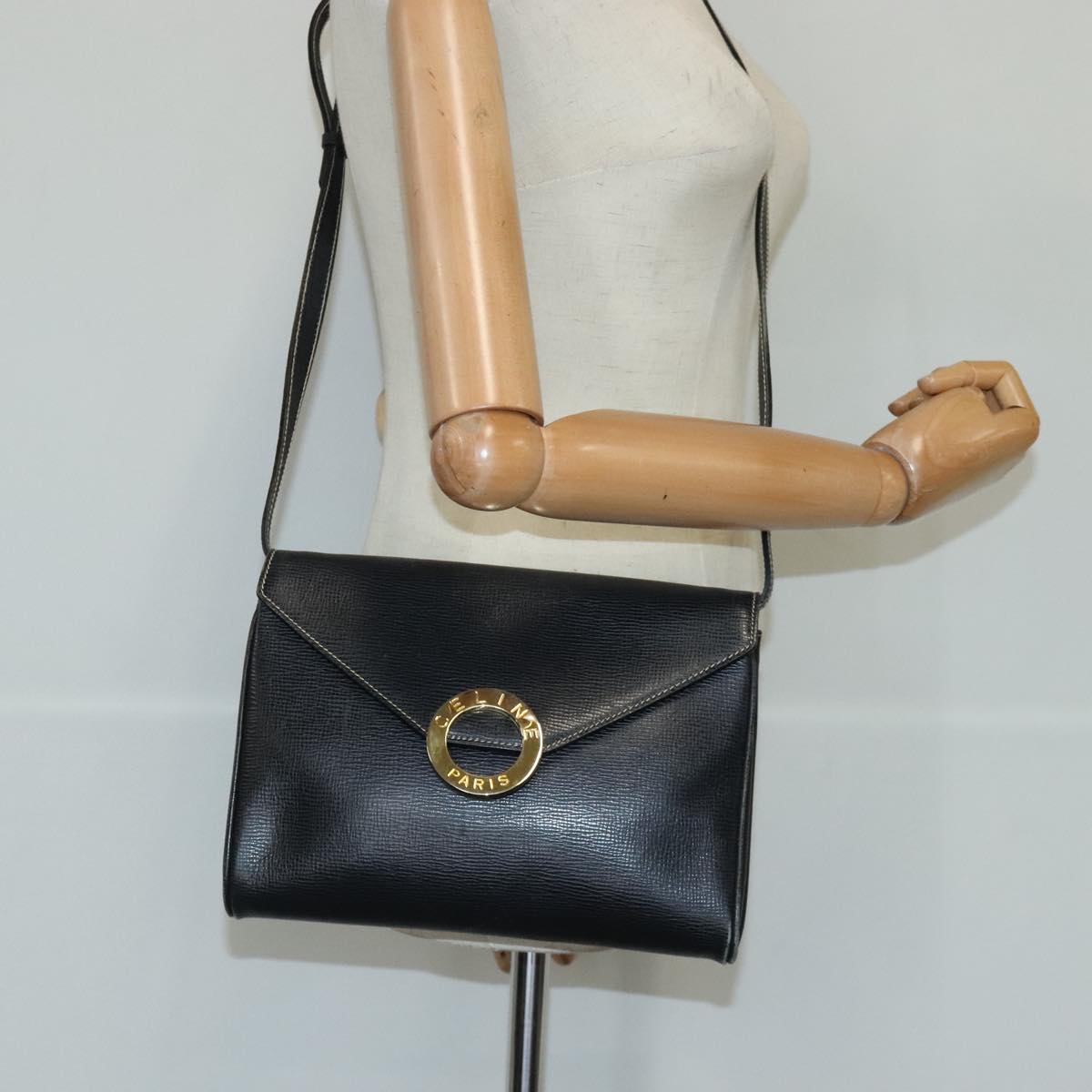 CELINE Shoulder Bag Leather Black Gold Auth 97043