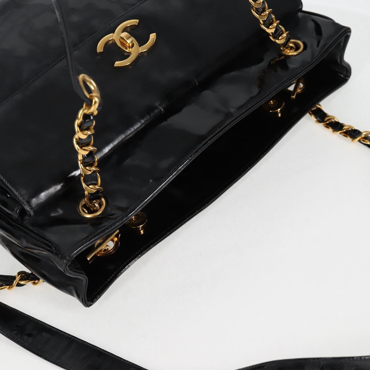 CHANEL Chain Tote Bag Patent leather Black Gold CC Auth 97057