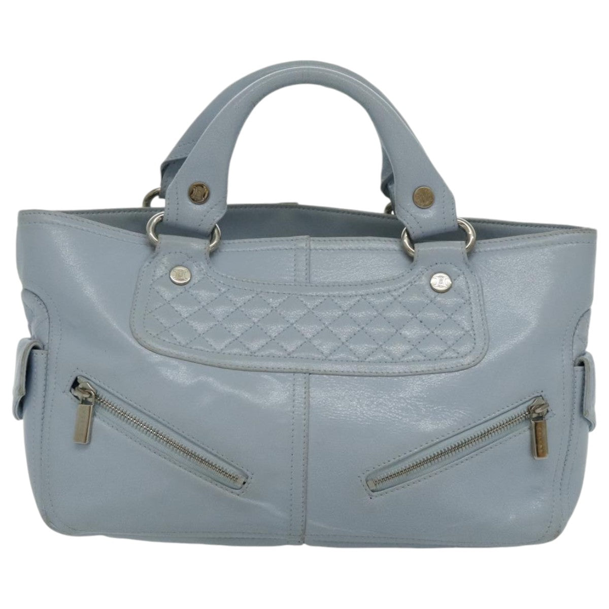 CELINE Hand Bag Leather Light Blue Silver Auth 97099