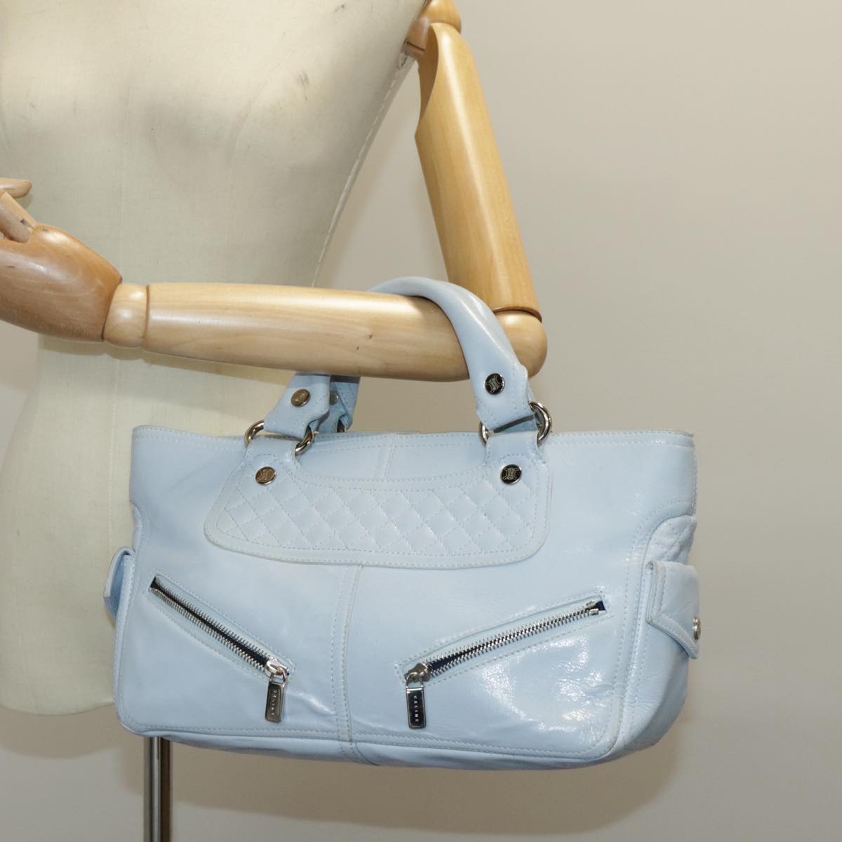 CELINE Hand Bag Leather Light Blue Silver Auth 97099