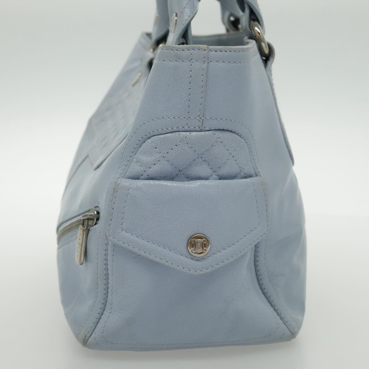 CELINE Hand Bag Leather Light Blue Silver Auth 97099