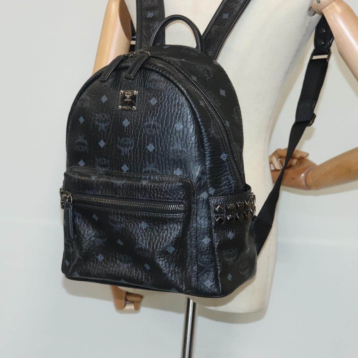 MCM Vicetos Logogram Backpack PVC Leather Black Silver Auth 97134