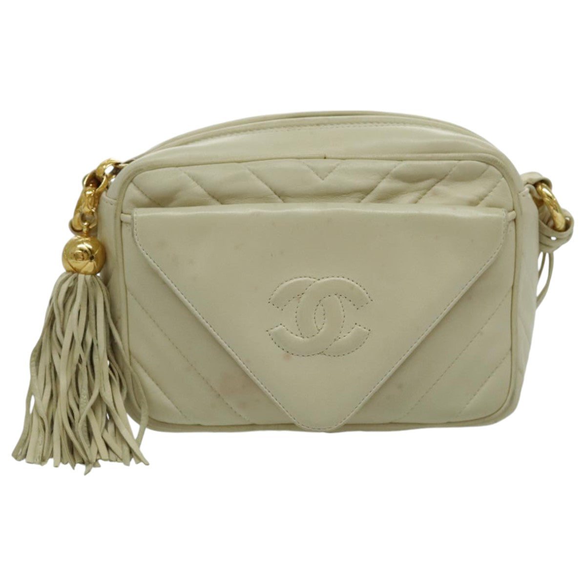 CHANEL V Stitch Shoulder Bag Lamb Skin Gold Beige CC Auth 97147